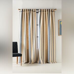 Anthropologie pieced stripe cotton blend woven navy curtains 96”